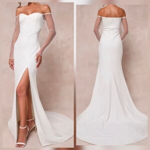 Lulus Eternally Beloved White Mesh Off-the-Shoulder Pearl Maxi Wedding Dress, XL